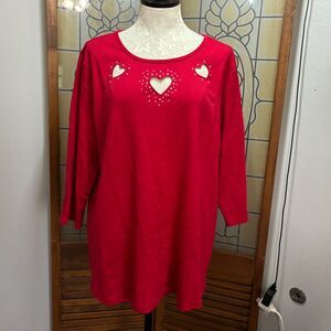 Quacker Factory Hear Cut Out Rhinestone 3/4 Sleeve Blouse Top NWT Plus Size 1X